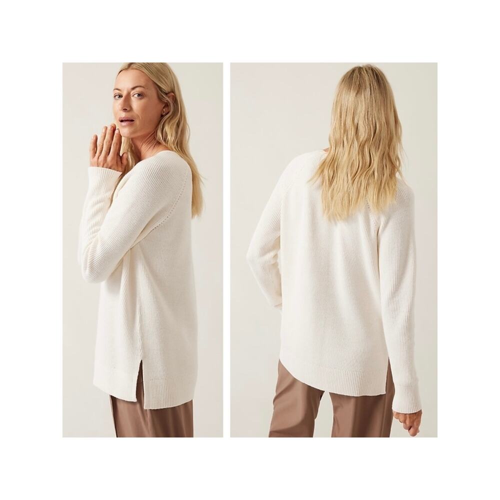 Athleta Hanover Refined V-Neck Sweater Cream Wool Blend Sweater Women's L